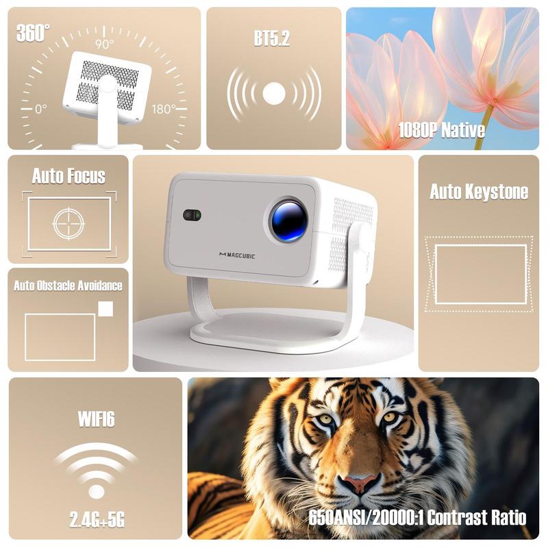 Magcubic Portable, Multifunctional, Wireless, Smart Projector, 650ANSI Native 1080P Auto Focus & Keystone Correction Speaker & Appstore 360° Rotation Android14 BT 5.2 WIFI6 Voice Assistant Home Theater, Audio