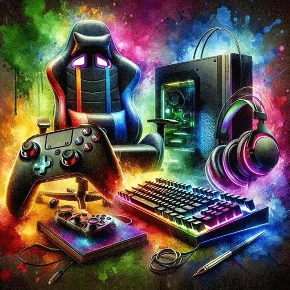 1PC,2D Gaming Setup Diamond Painting Kit Colorful RGB Gaming Chair Headset Controller Keyboard Computer DIY Diamond Art for Game Room Decorations Cross Stitch Rhinestone Embroidery Craft Gift for Gamers Adults