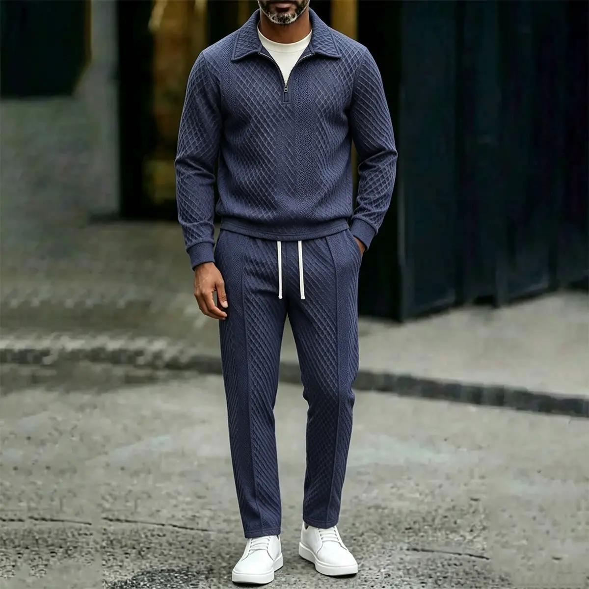 Men Delicate Diamond Jacquard Half Zip Polo Tracksuit Multiple Neutral Solid Tone Combinations Spacious Relaxed Torso Cutting Reinforced Cuff And Hem Rib Stitching Continuous Grid Embossed Surface Wrinkle Resistant Breathable Material