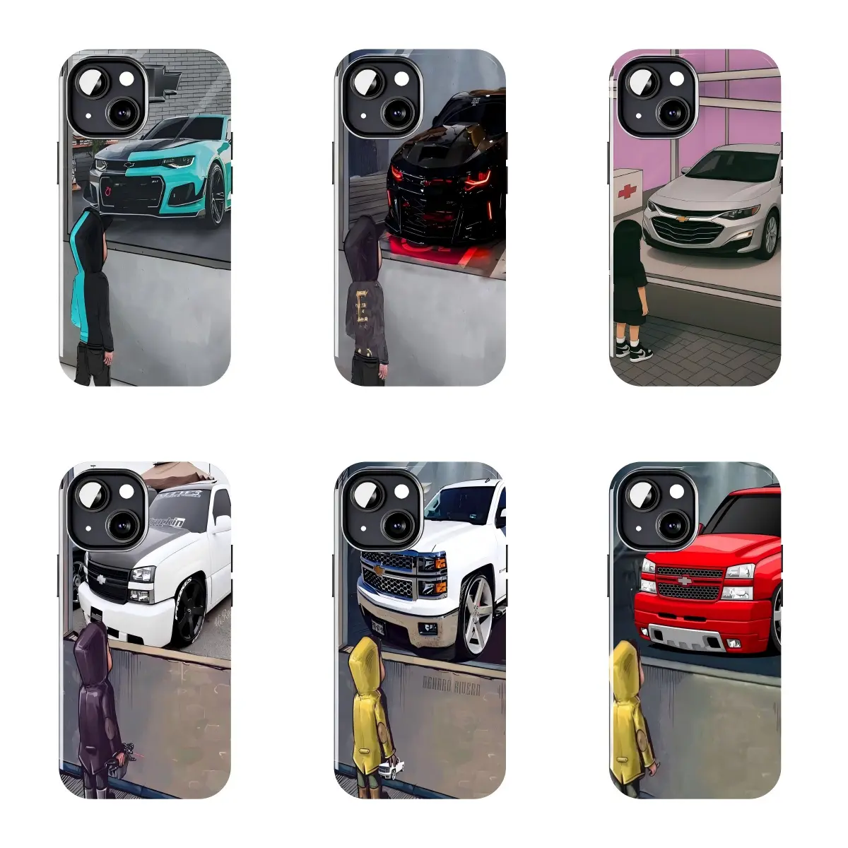 6 Styles Cartoon Boy Chevy Camaro Silverado Art Phone Case, Slim Anti-Drop Protective Cover, Classic American Muscle Truck Design Case for iPhone 16/15/14/13/12 Pro/Plus