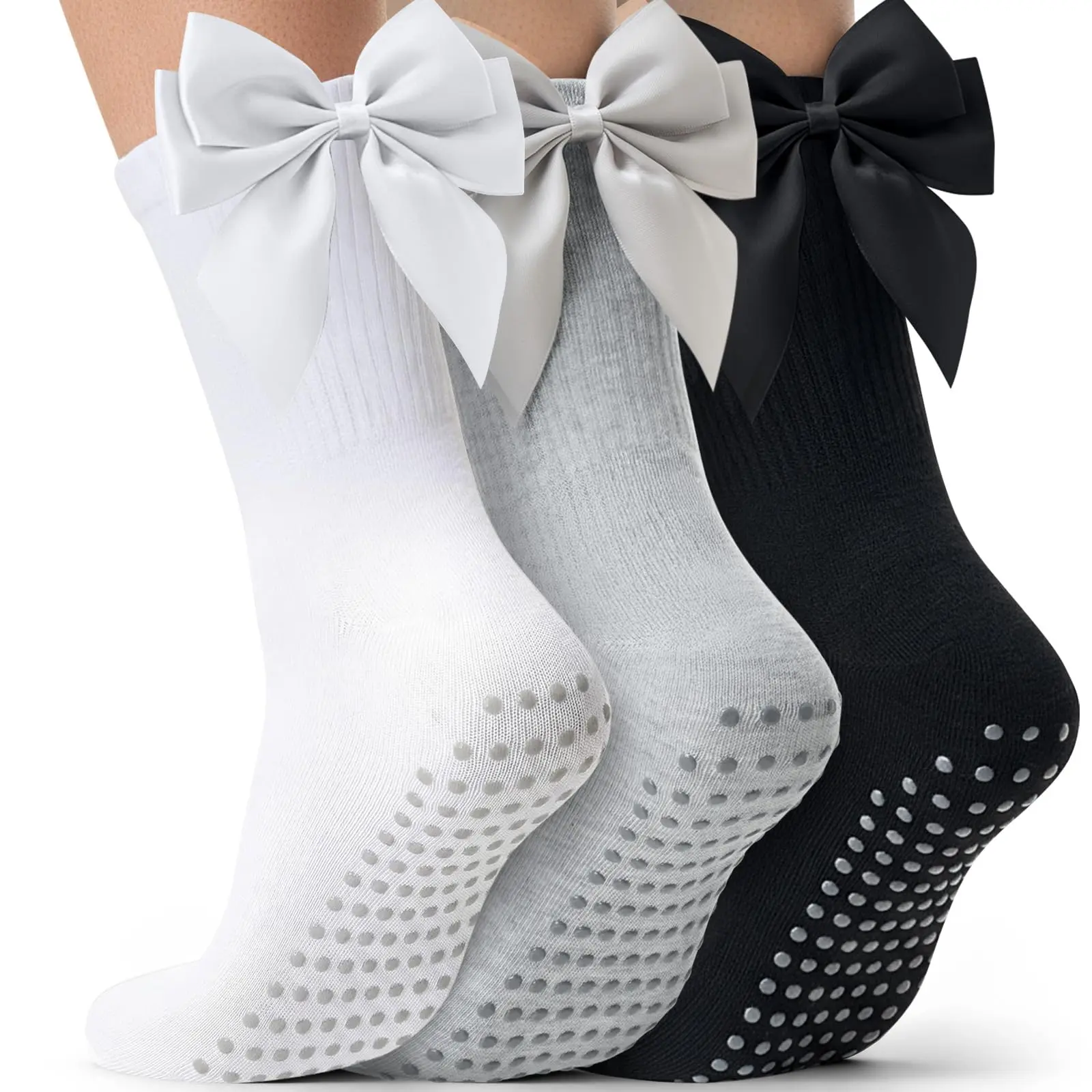 3 Pairs Bow Socks For Women Cute Breathable Crew Sock Women Non Slip Pilates Grip Socks Princess Sock For Barre Ballet Workout Sport Dance