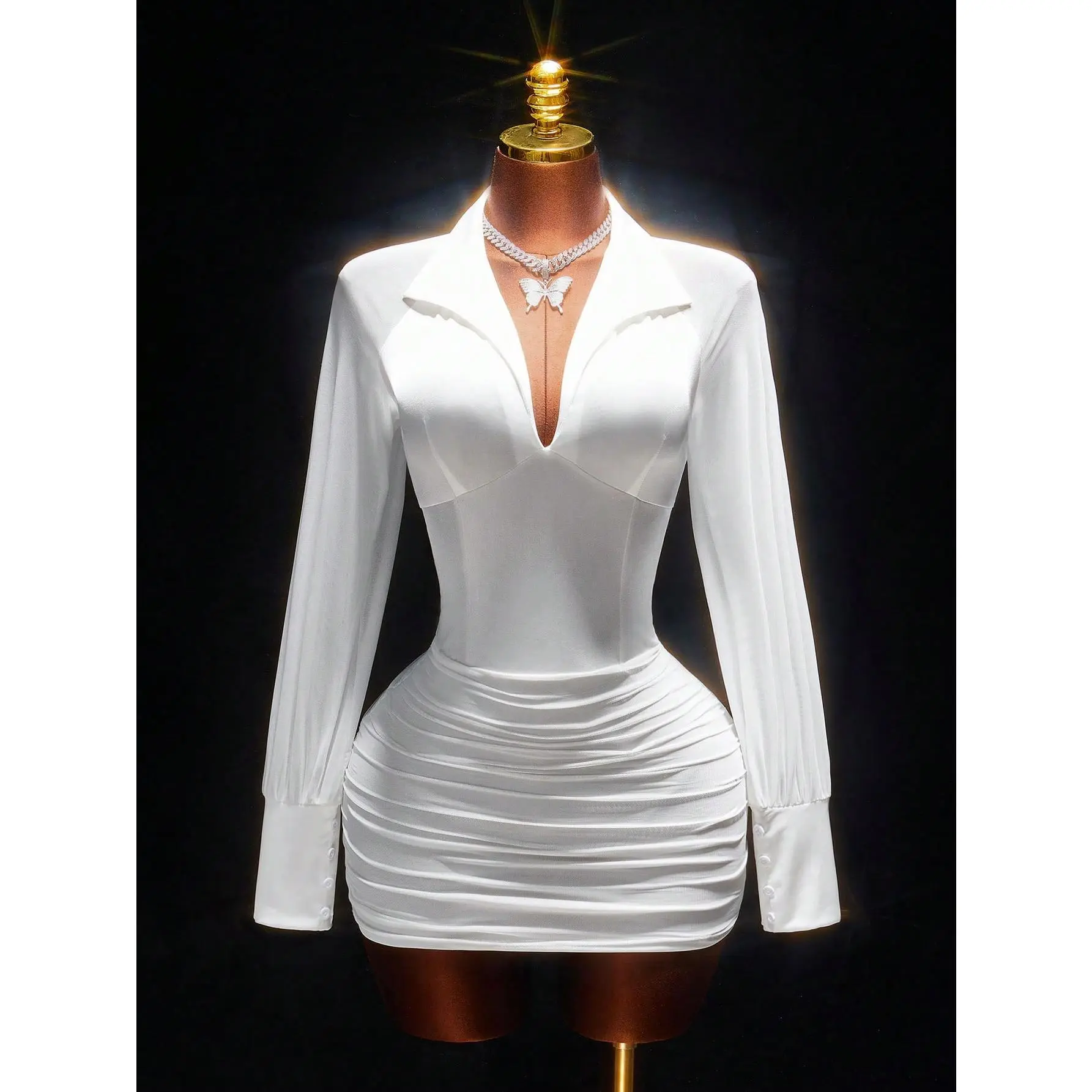 Romantic Spring White Low-Cut Collar Waist Fitted Mini Dress For Women White Dress Women White Classy Dress White Long Sleeve Dress