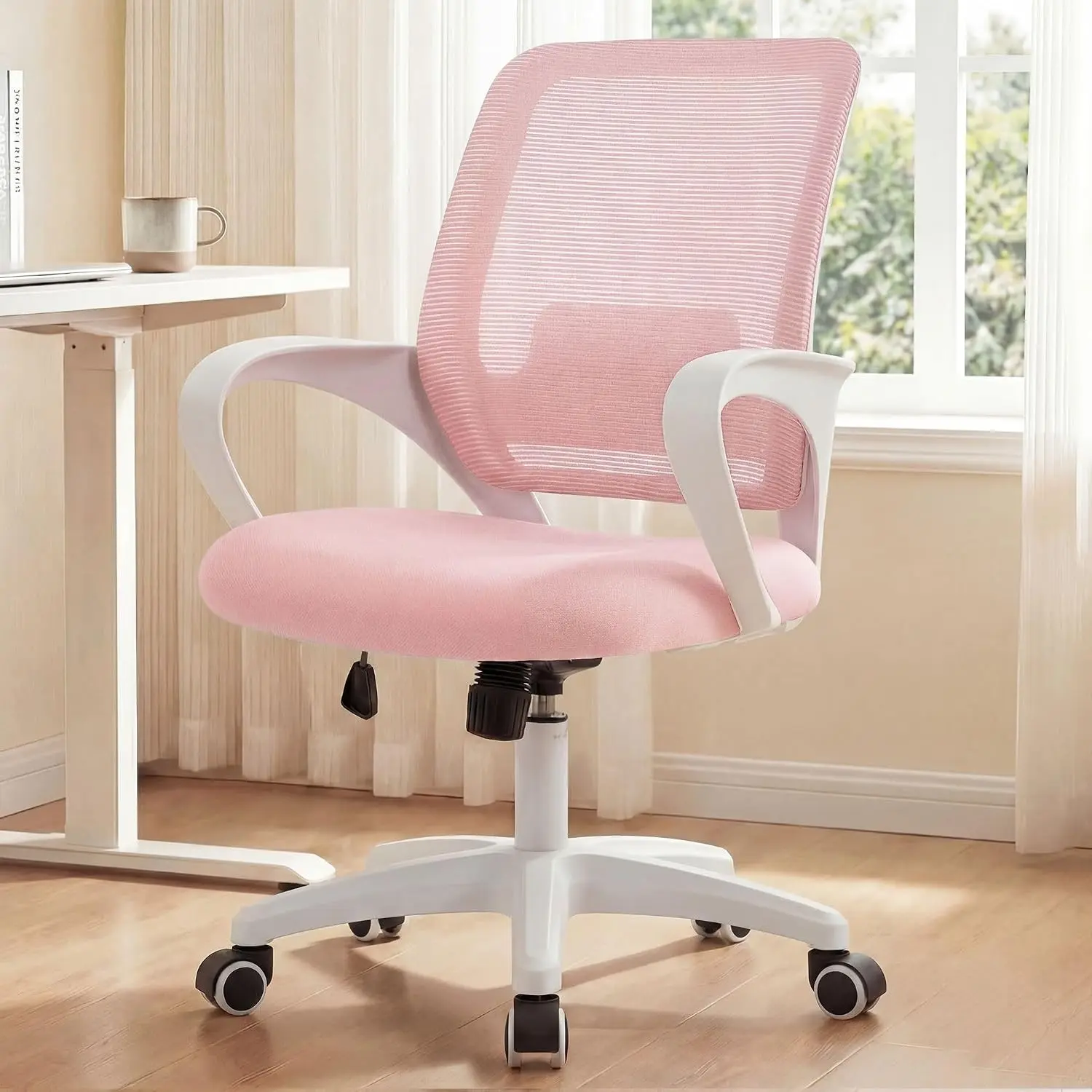 Office Desk Ergonomic Computer Mesh Chair with Lumbar Mid Back Support Adjustable Height Swivel Rolling Wheels Comfy Task Vanity Chair for Home Bedroom Study (Pastel Pink) | Comfortable Mesh Support, Adjustable Height, 360° Swivel and Smooth Casters