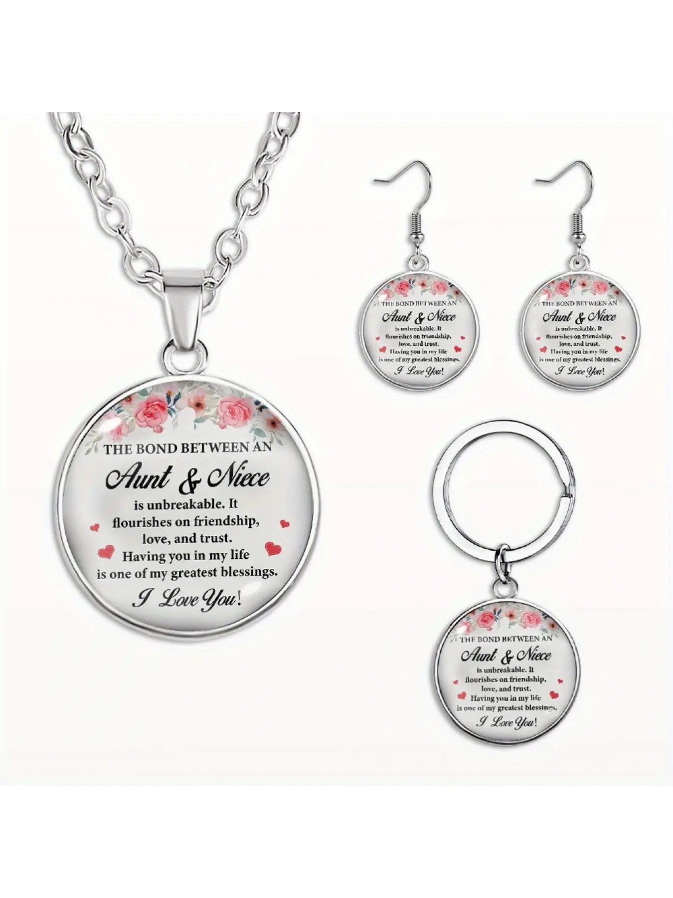 4 pieces "The relationship between the aunt and the niece is unbreakable" pendant necklace earrings keychain set, fashionable jewelry, party gifts, suitable as holiday presents for family and friends