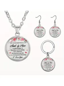 4 pieces "The relationship between the aunt and the niece is unbreakable" pendant necklace earrings keychain set, fashionable jewelry, party gifts, suitable as holiday presents for family and friends