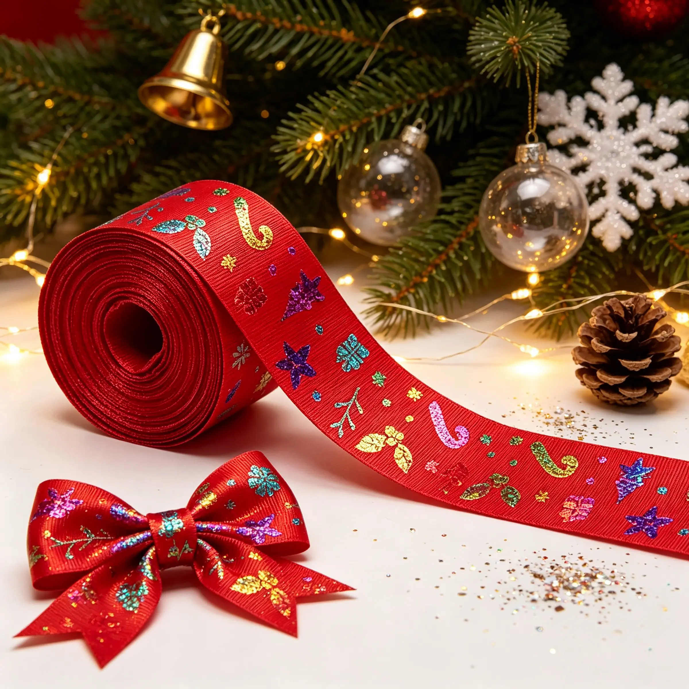 Multicolor Laser Christmas Text Ribbon Set, Holiday Gift Wrapping, DIY Craft Supplies, Floral Bouquet Tie, Festive Cake Decoration, Flower Wrapping