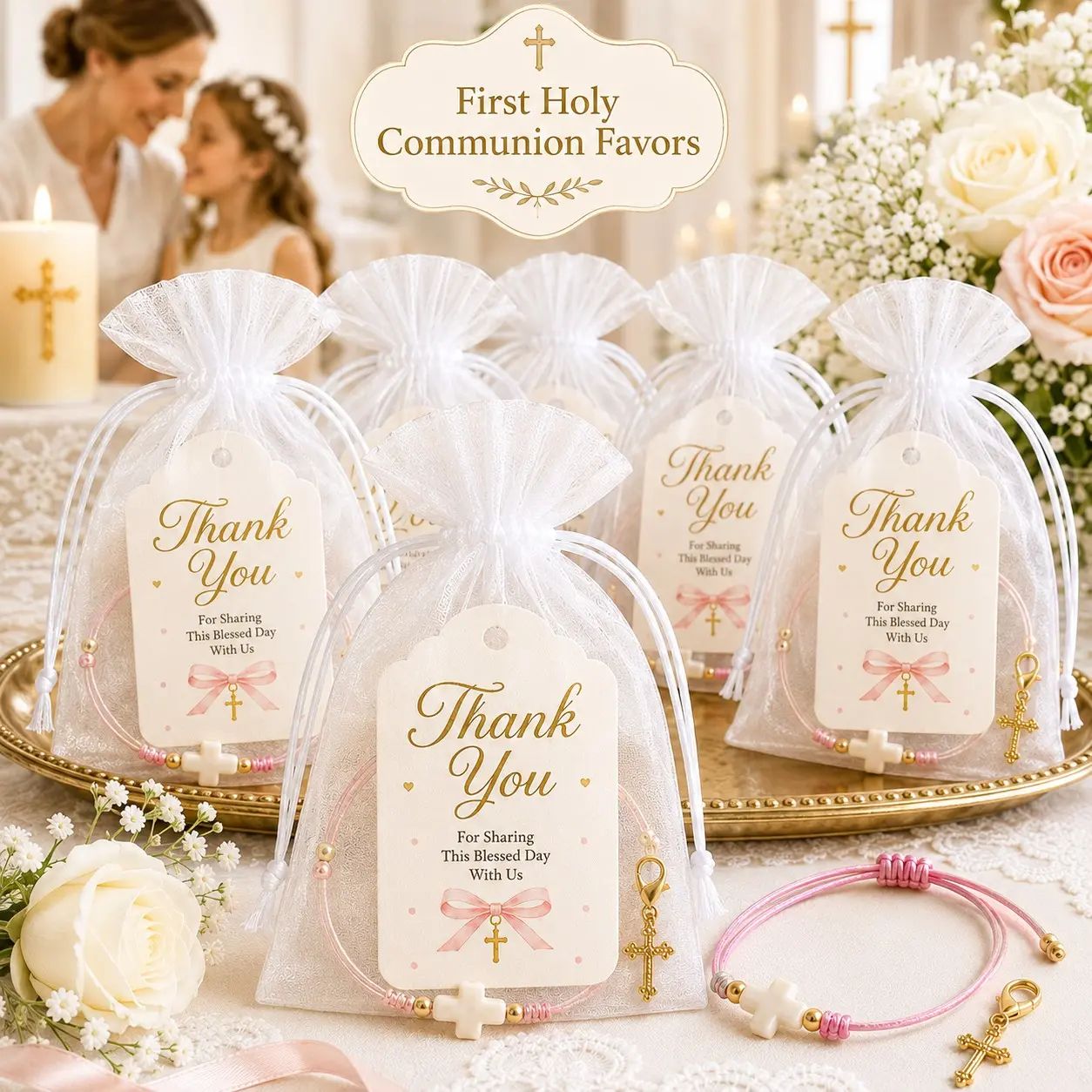 10/20 sets Baptism and Christening Favors for Guests, Pink Adjustable Cross Bracelets with Gold Cross Charms, Thank You Cards and White Organza Gift Bags, First Holy Communion, Confirmation, Religious Party Gifts and Christian Keepsakes
