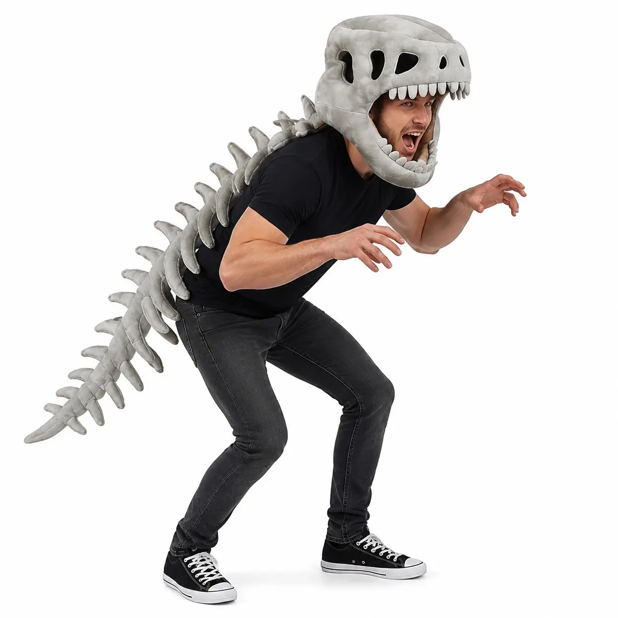 Dinosaur skeleton costume, Spinosaurus skull mask role-playing set, paired with plush spine, animal themed design, suitable for Halloween parties, creating a fun dress up game experience