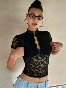 European Style Sexy Hollow Out Lace Short Sleeve T-Shirt, Women's Half High Neck Button Front Design Slim Fit Top, Versatile Transparent Hot Girl Shirt