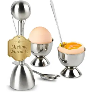 2 Pcs Egg Shell Opener Set, Stainless Steel, includes 2 Egg Cups (Fits L-XL Sizes) for Soft & Hard Boiled Eggs, 2 Spoons, Ergonomic Adjustable Design for Precise Cracking