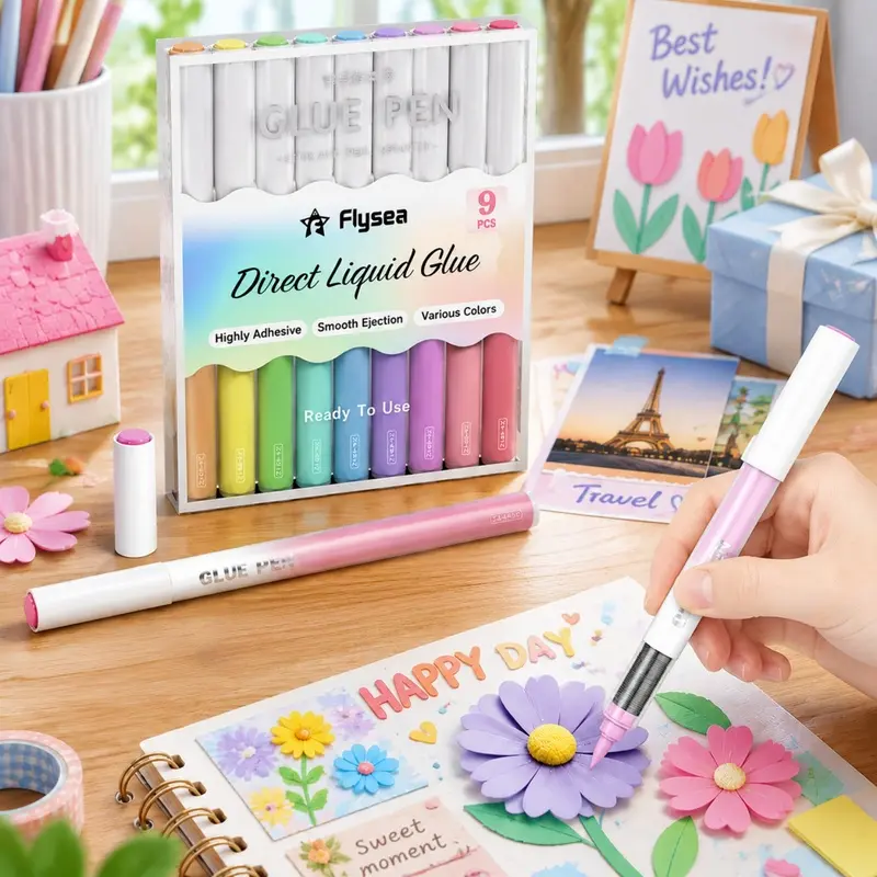 9 Pack Quick Drying Glue Pens, Colored Liquid Adhesive Pens with Precision Chisel Tips, Easy-Control Craft Glue for Scrapbooking, Card Making, Journaling and Handmade Projects
