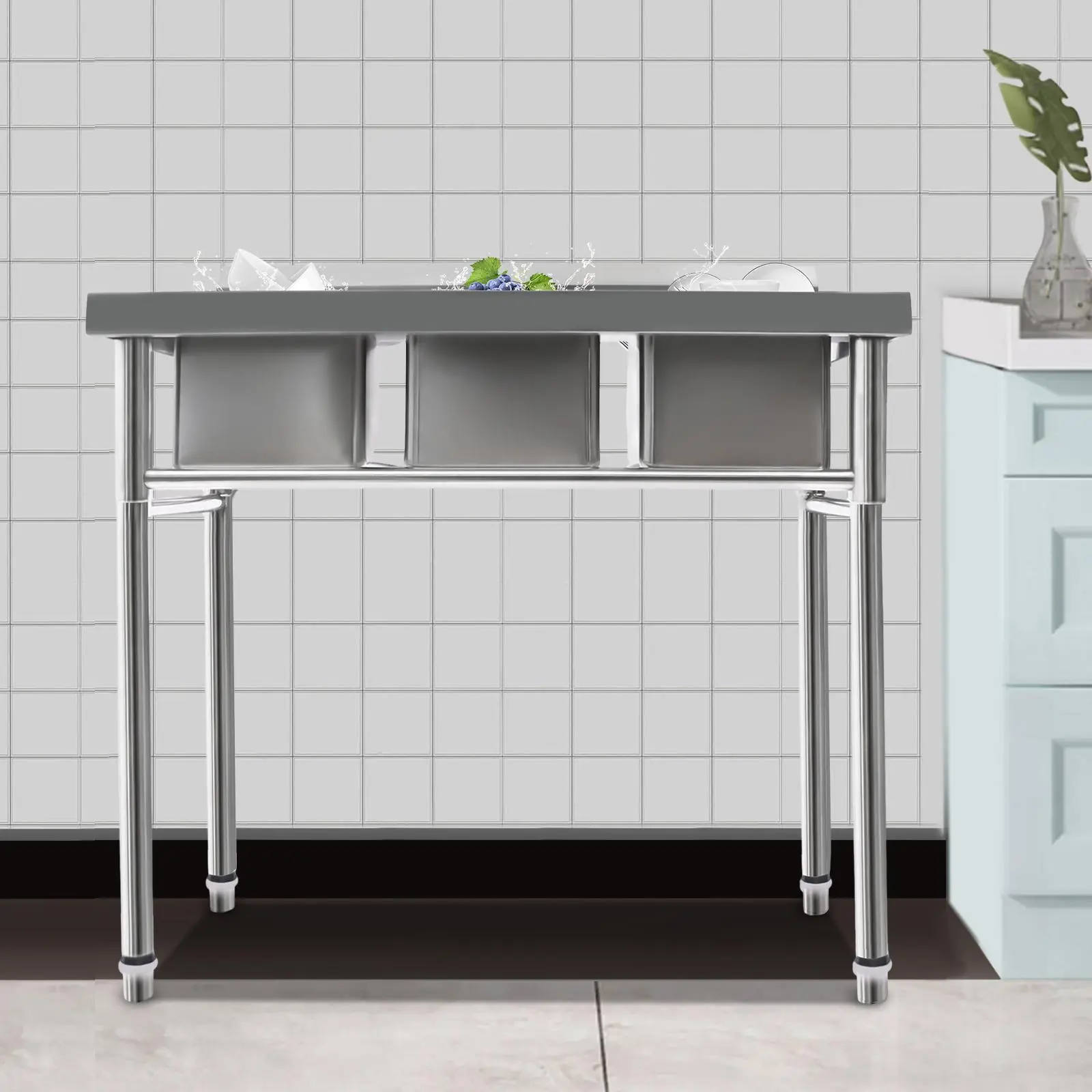 3 Compartment Stainless Steel Sink, Commercial Utility Sink for Restaurant Bar Hotel, Kitchen Sink Set w/Support Feet&Drains Storage Laundry Sink Washing Hand Basin 39”W x 17.7”D x 37.4”H