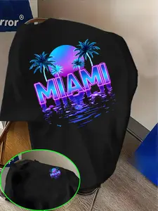Street Fashion Enthusiast'S Miami Blue And Purple Neon Seaside Scenery Print, Full-Printed Front And Back Casual Short-Sleeve T-Shirt! Round-Neck Short-Sleeve Top, Casual Loose-Fitting Knit T-Shirt, Suitable For Daily Wear And Casual Sports