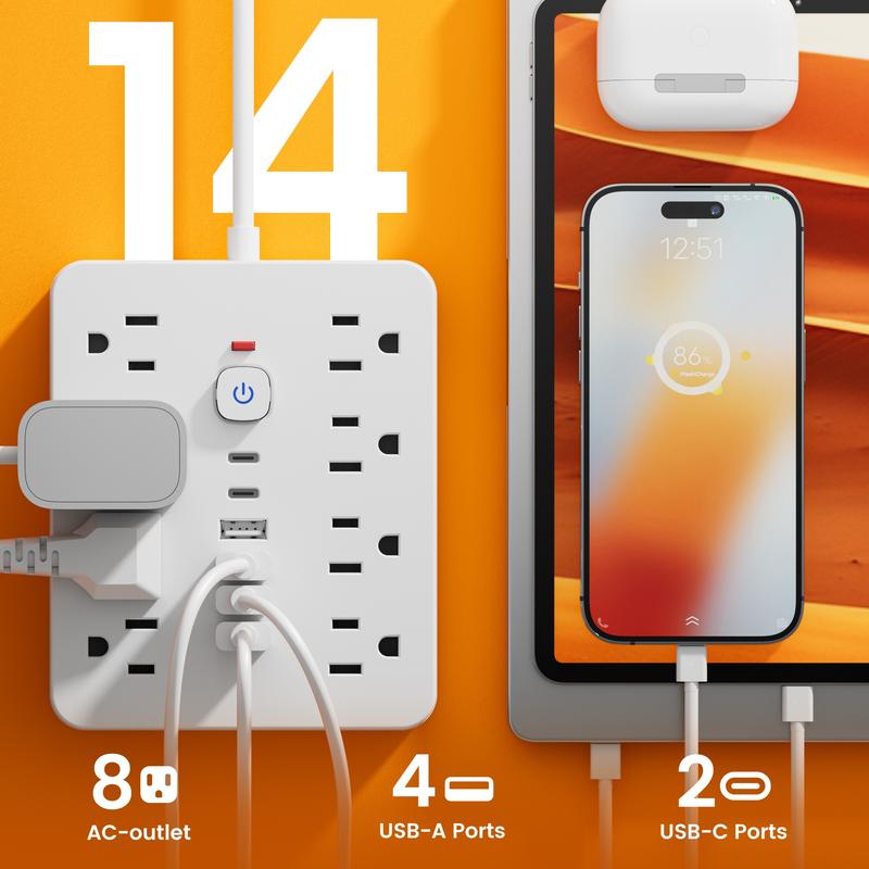 14-in-1 surge-protected power strip with 8 AC ports, 4 USB ports & 2 Type-C ports. Wall-mountable US plug power extension with overload protection and independent controls—essential for home/office safety. Available in 5ft or 10ft cords.
