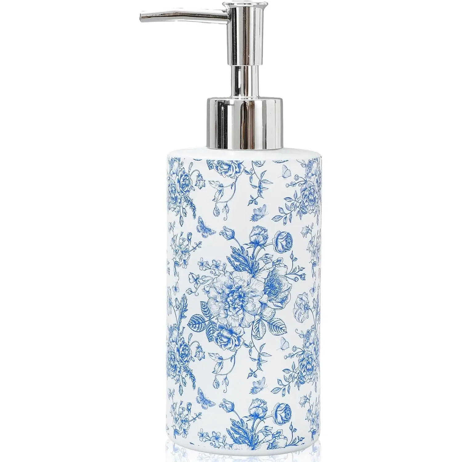 Blue Floral Soap Dispenser Vintage Flower Butterfly Glass Dispenser with Pump Refillable Chinoiserie Liquid Soap Container for Farmhouse Home Kitchen Bathroom Countertop