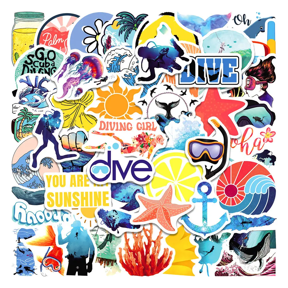 50pcs Summer Diving, Beach, and Surfing Stickers - Faith-Based Designs with Positive Messages; Suitable for Scrapbooks, Journals, Laptops, Water Bottles, Cars, Etc. - A Great Gift.