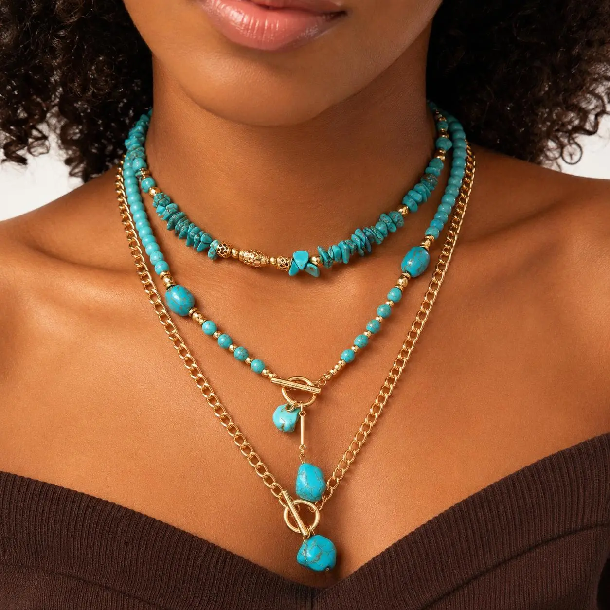 Women's 3-Tier Turquoise Resin Beaded Necklace - Chunky Cuban Chain, Hippie Bohemian Vintage Southwest Statement Multi-Strand Choker, Ornate Colorful Layered Gemstone Festival Beach Jewelry (Gift Idea), Chunky Beaded Necklaces, Hippie Style Necklaces