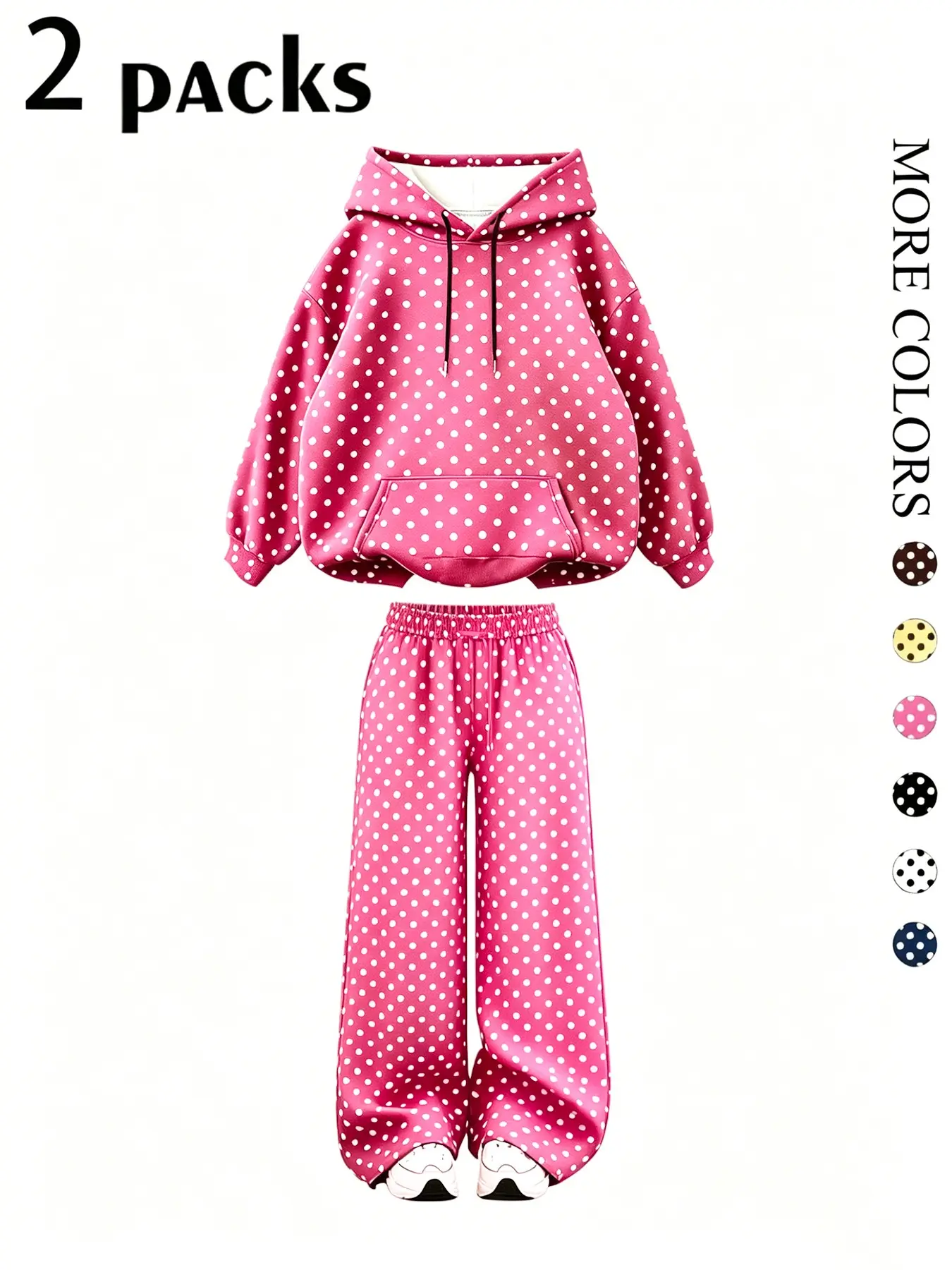 Y2K women's two-piece set, Casual loungewear sets, featuring a polka-dot hoodie and wide-leg trousers, suitable for everyday wear or vacation, available in multiple colors