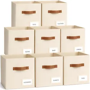 Storage Cubes 8 Pack, 11 Inch Fabric Storage Cubes Organizer Bins with Labels, Odor-Free & Sturdy PP Structure, Cubby Baskets for Closet, Shelves, Toys & Nursery (Beige)