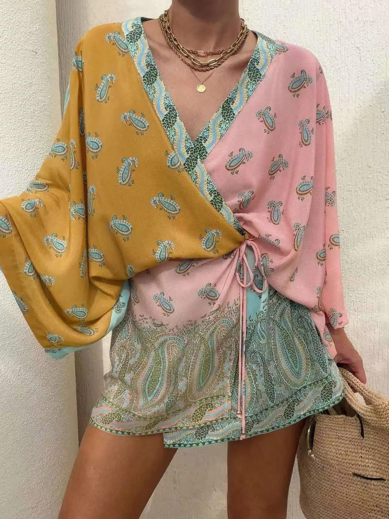 2026 Spring Summer New Full Print Bohemian Chic Robe Mini Dress, Casual Loose-Fitting Nightgown, Patchwork Pattern, Unlined