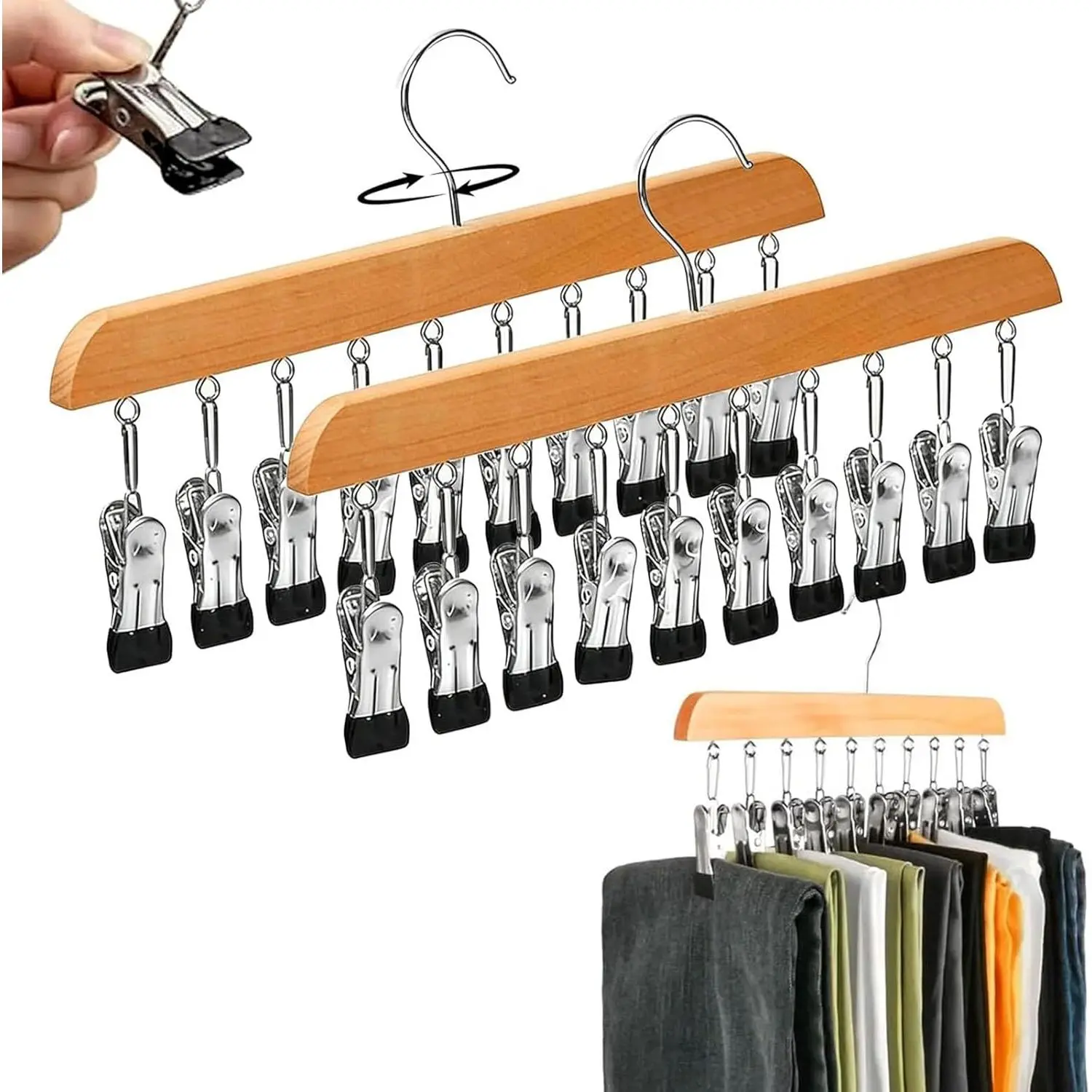 2-piece wardrobe trouser rack, wooden trouser rack with 10 clips|     Can hold 20 pairs of jeans, skirts, underwear, and panties, a space-saving wardrobe storage and organization rack