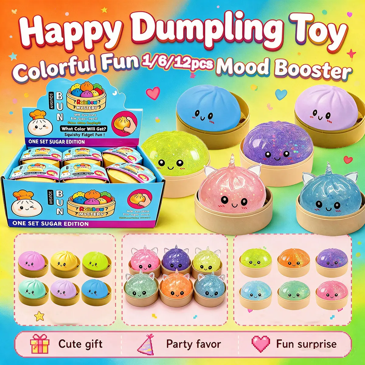 1/6/12 Pack -Sparkly  Rainbow Dumpling Stress Relief Squeeze Toys, Soft Jelly Dumpling Fidget Squishies with Mini Steam Basket, Portable Anxiety Calming Decompression Hand Toys,Lovely Party Gift for All Ages ﻿