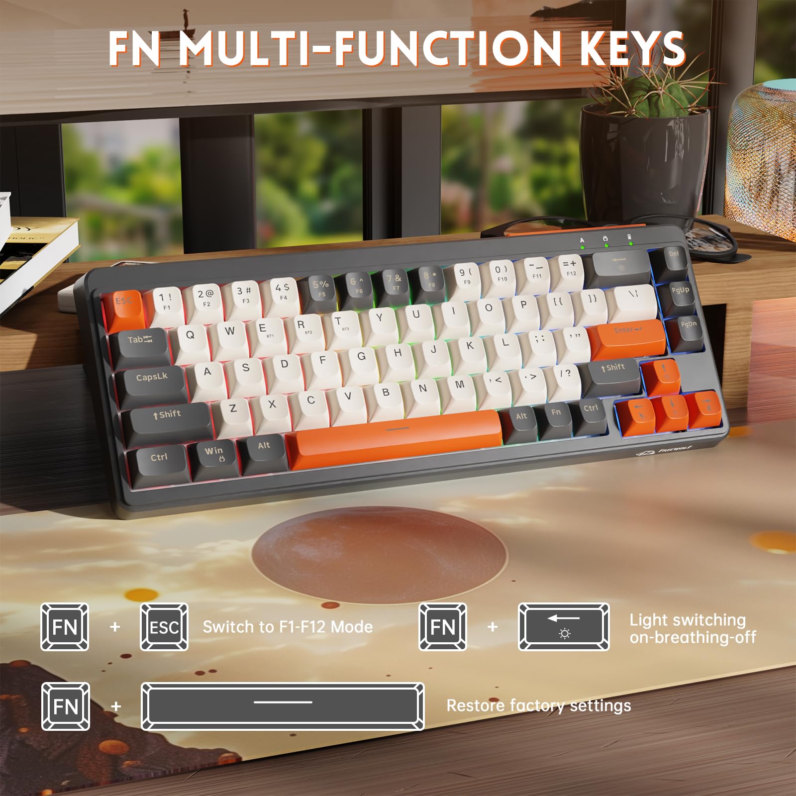 M68 TKL Wireless Gaming Keyboard, 3-Mode Compact Membrane Keyboard, Rechargeable 2000 mAh Keyboard with Rainbow Backlit & 19 Keys Anti-ghosting