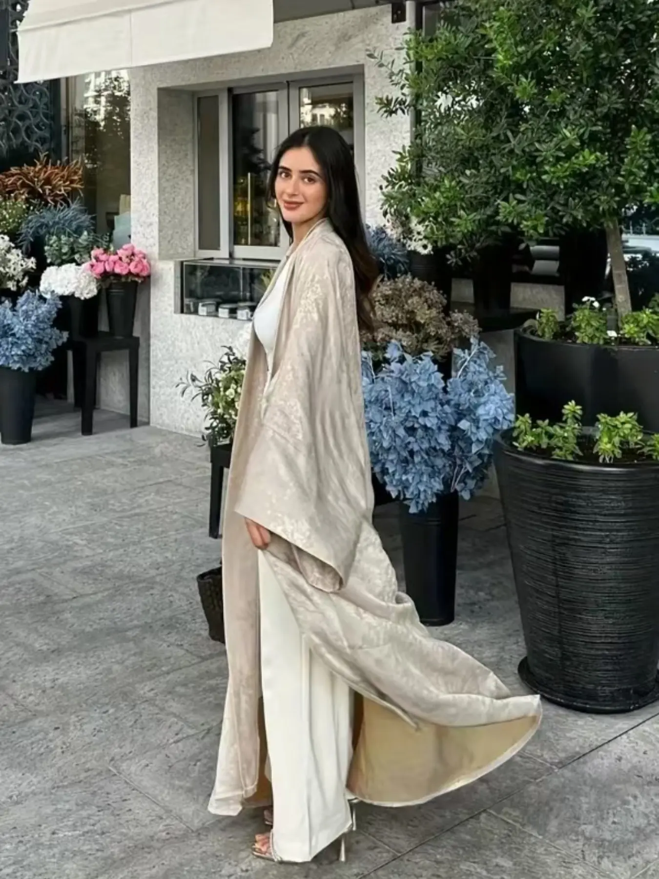 Fashion New Arrival Peach Color Dress, Gold Foil Fabric Open Front Long Robe, Muslim Commute Casual Loose Comfortable Gown, Loose Abaya Dress for Women