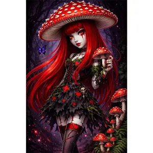 5D DIY Diamond Painting Kit with Tools Mushroom Fairy Red Hair Girl Full Drill Rhinestone Art Decor for Home Wall Decoration Living Room Bedroom Craft Gift Unframed