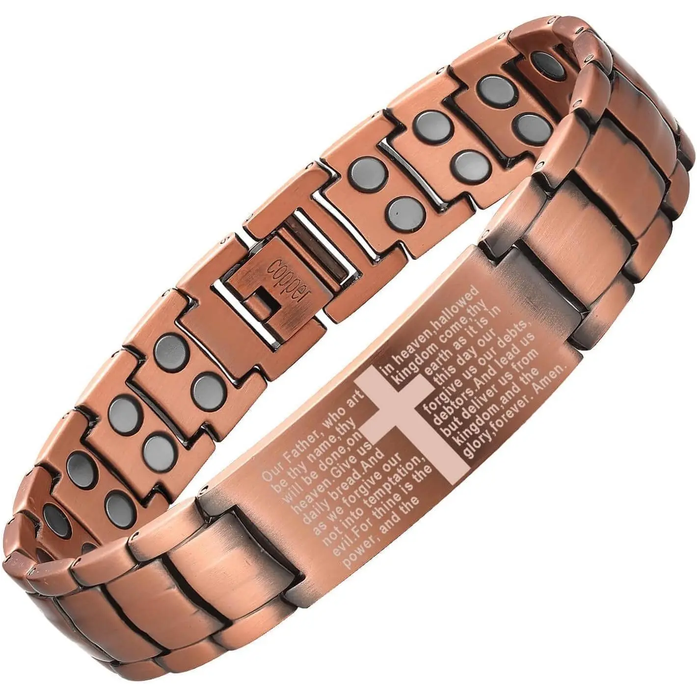 Men's copper bracelet, with cross decoration, adjustable copper wrist accessory, built-in magnet, gift set includes jewelry box and size adjustment tool, copper material without gemstones