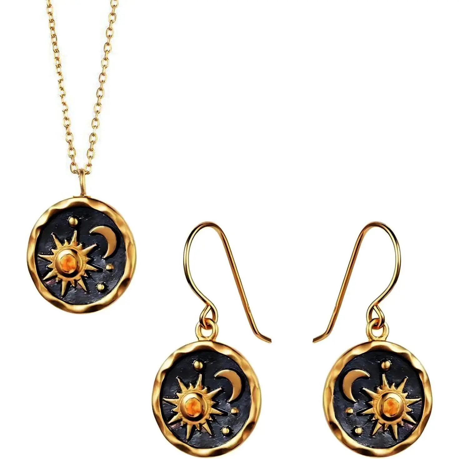 Bohemian Sun Moon Earrings and Necklace Set for Women   Lightweight Antiqued   Round  Earrings Retro Boho Chain Long Celestial Necklaces Minimalist
