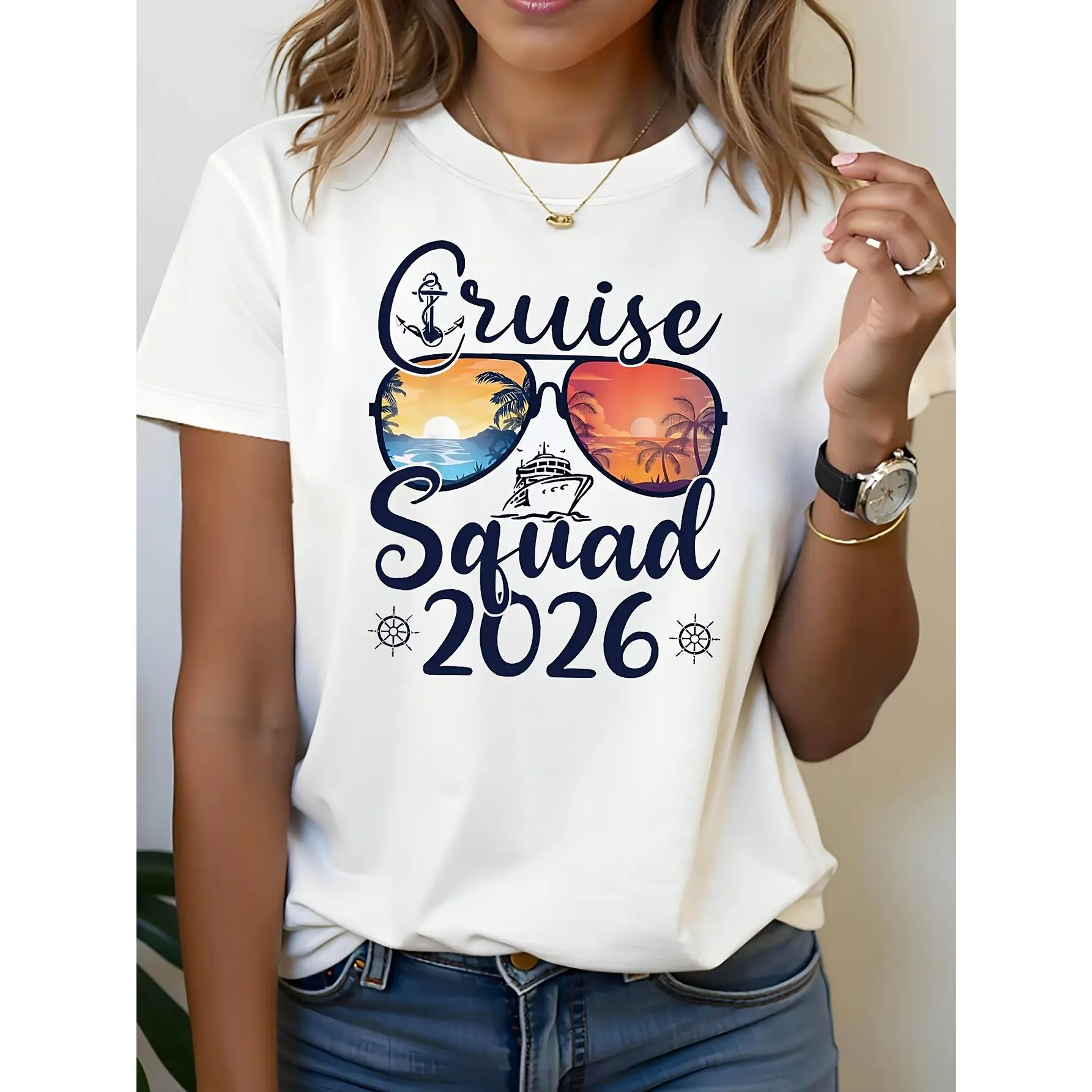 2026 Cruise Squad Graphic Print Women'S Spring - Summer Short-Sleeve Crew-Neck Casual T-Shirt | Daily Styling, Daily Outing, Holiday Gift, Cartoon Pattern