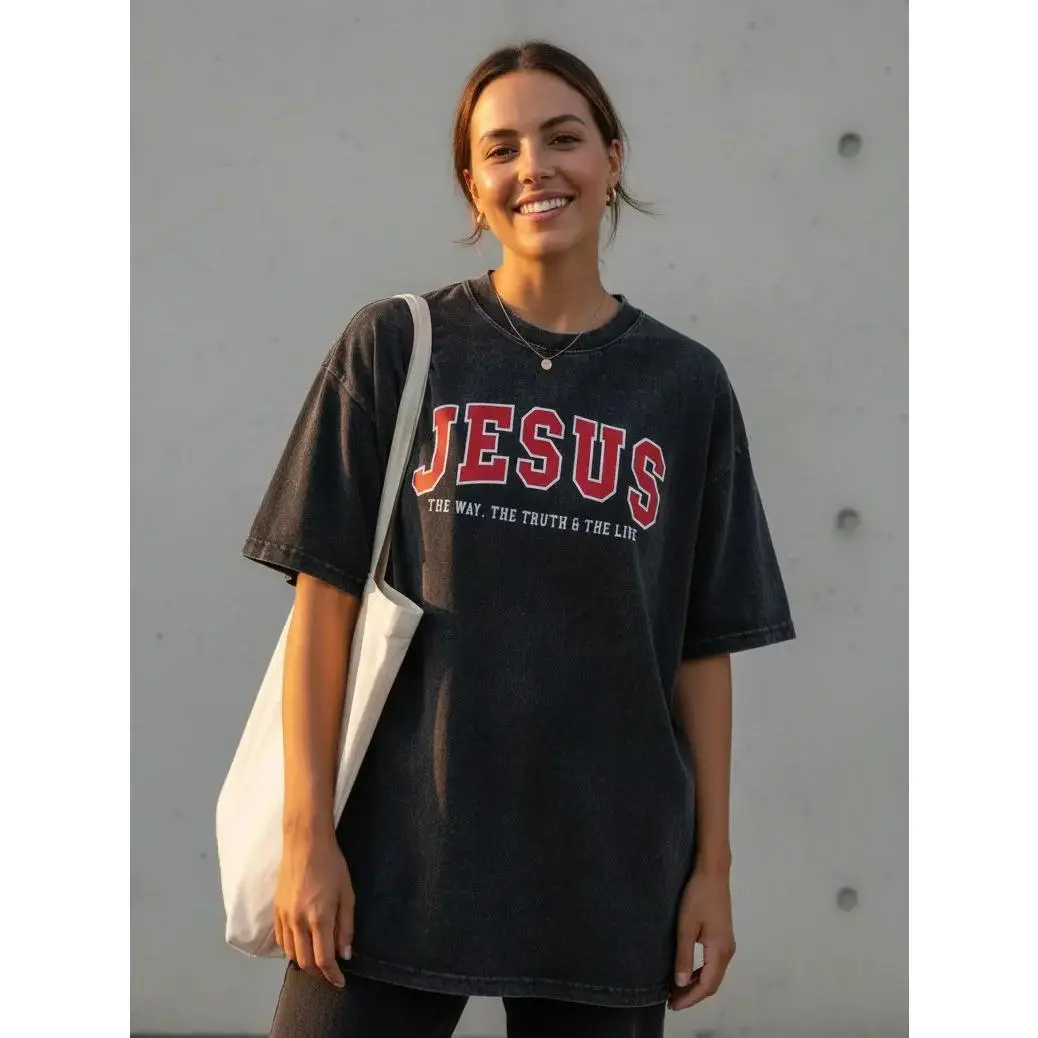 Vintage Washed Christian Graphic T-Shirt, Unisex Casual Oversized Loose Fit with Round Neck and Short Sleeves, Shortsleeve, Baggy, Crew Neck, All Season, Oversized Fit, Graphic Print, Pure Cotton, Streetwear, Top