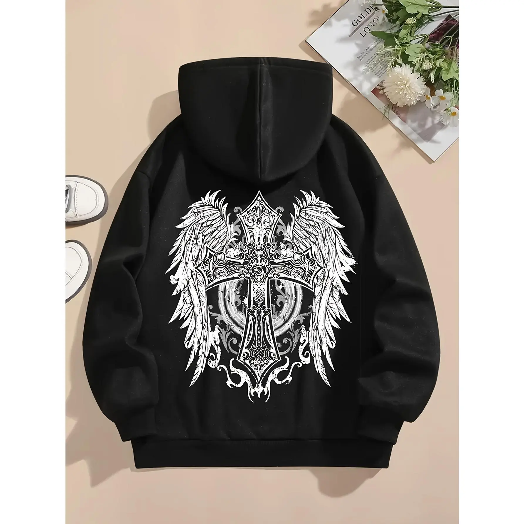 Unisex Gothic Wing & Cross Graphic Hooded Sweatshirt, Women's Hoodies for Women, White with Black Print, Slim-Fit All-Season Pullover, Machine-Washable Warm Soft Breathable Lightweight Hoodie for Casual & Special Occasions