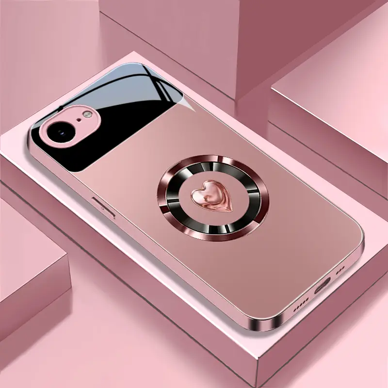 Viral coquette pink love heart glitter cross MagSafe magnetic glass phone case, rose gold glossy electroplated shockproof girly romantic aesthetic cover compatible with iPhone 16e—9435