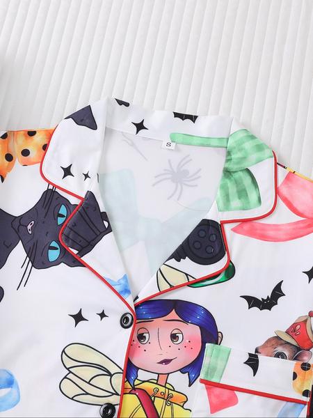 2 pieces of women's Halloween blue hair girl bow, black cat, mouse, bat, spider print, long sleeved pants, pajamas set, top pocket suitable for all seasons, comfortable, energetic, elegant and casual home wear