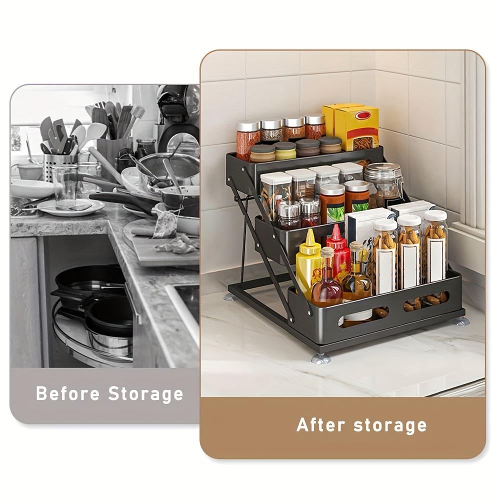 PLL 3-Layer Foldable Cast Iron Spice Rack with Safety Fence-Space-Saving Kitchen Cabinet with Countertop Organizer, Durable Paint Design, Holiday Theme Style, Simple Metal Shape, Solid Construction versatile storage