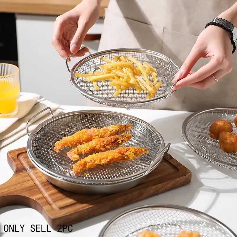 Stainless Steel Double Ear Oil Drainer Set, Round Dense Hole Fryer Filter Mesh, Tempura French Fries Oil Drain Basket, Kitchen Filter Net, Strainers And Colanders, Strainers For Kitchen, Draining