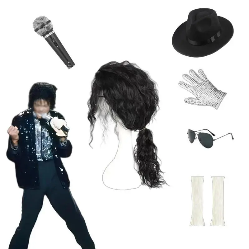 Movie Michael Jackson Cosplay Wig Glasses Hat Gloves Socks Microphone Props Long Black Hair Halloween Party Adult Women Man
