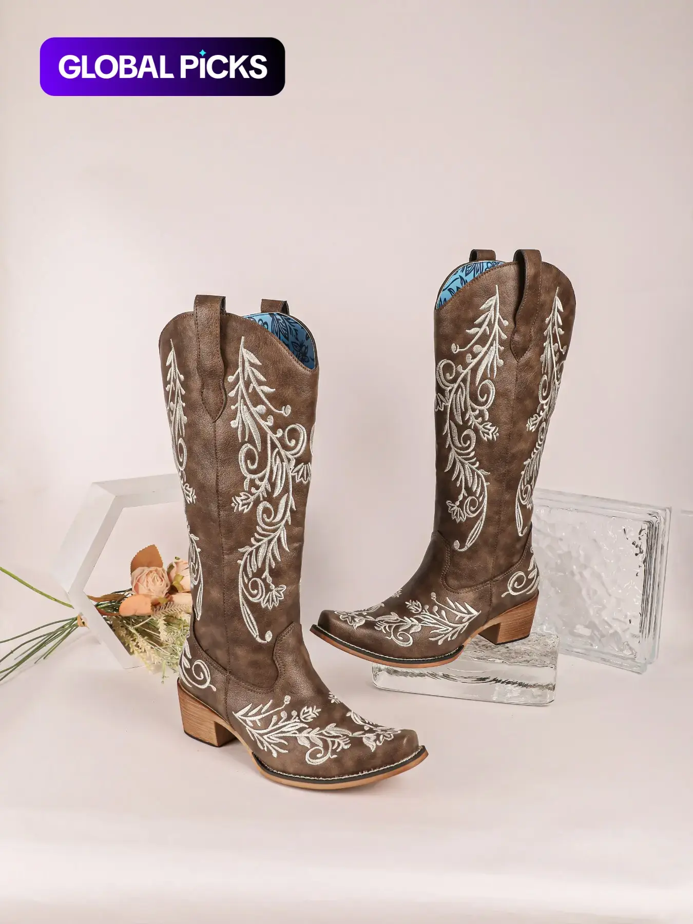 Fashion Embroidered Western Boots for Women, Square Toe Thick Heel High Ankle PU Boots, Vintage Floral Embroidery Riding Boots #GLOBAL PICKS