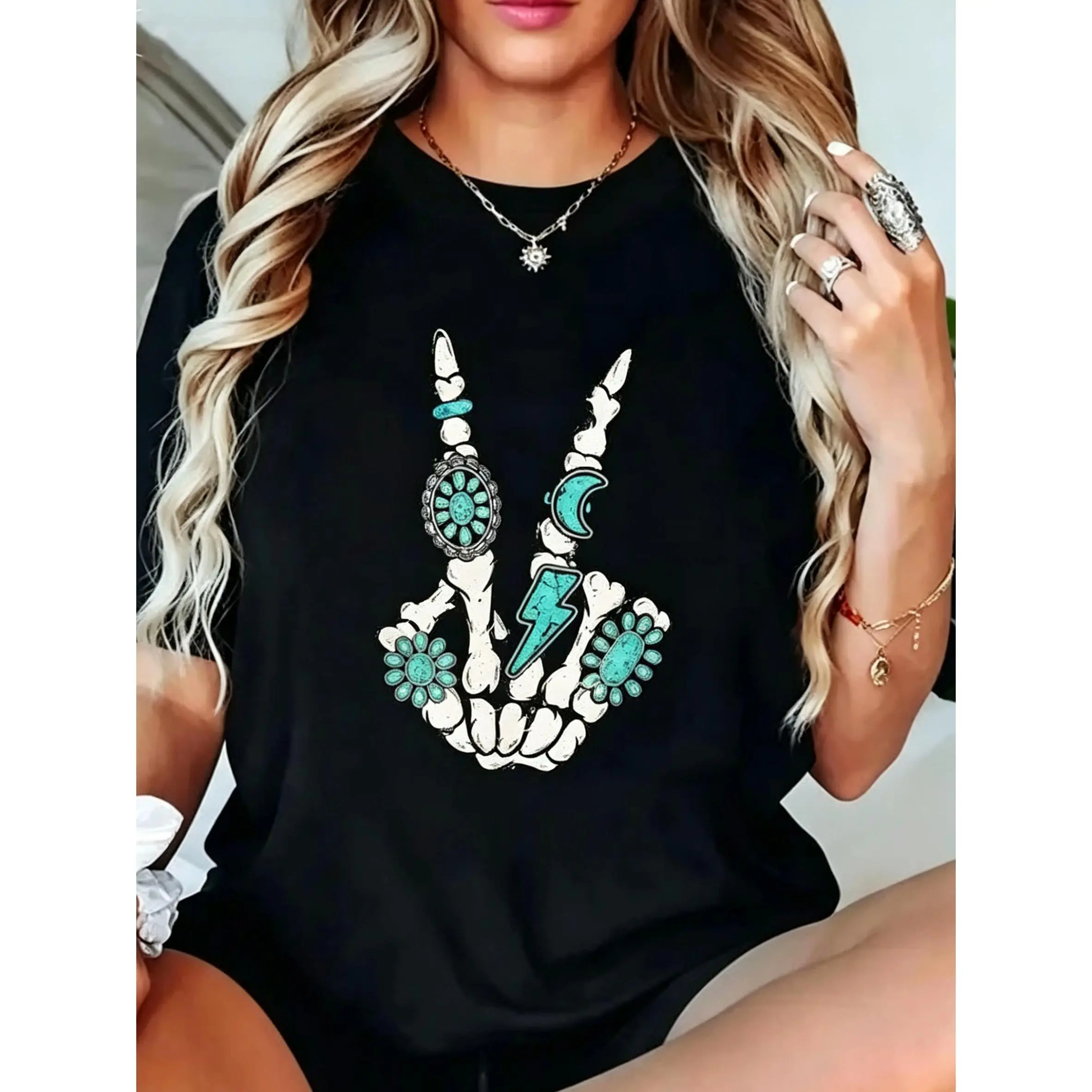 100% Cotton T shirts Skeleton Turquoise Hand Western Rodeo Cowboy Cowgirl T-Shirt Breathable & Comfort Fit Tee Women,Short Sleeve Crew Neck Top for All Seasons,Graphic Tees Women Tops