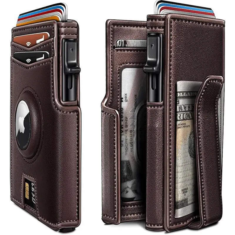 Men's Genuine Leather Wallet with AirTag Slot (AirTag NOT INCLUDED), Slim Profile, 10-Card Pop-Up Holder, Magnetic Flap Closure, RFID Shielded, Money Clip, Minimalist Metal Case, Gift Box Included
