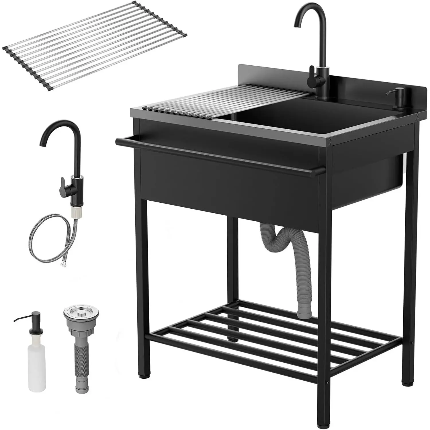 KARLHOME Steel Utility Sink, Free Standing with Faucet & Draining Rack for Laundry Room, Kitchen, Restaurant, Garage, Outdoor Garden, Backyard, Industrial 22"D x 30.71"W x 40.35"H Black,Stainless Steel
