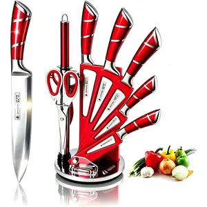 9-Piece Red Kitchen Knife Set with Acrylic Block, Non-stick Sharp High Carbon Stainless Steel Knives for Cutting Slicing Chopping, Ideal Kitchen Gift for Women