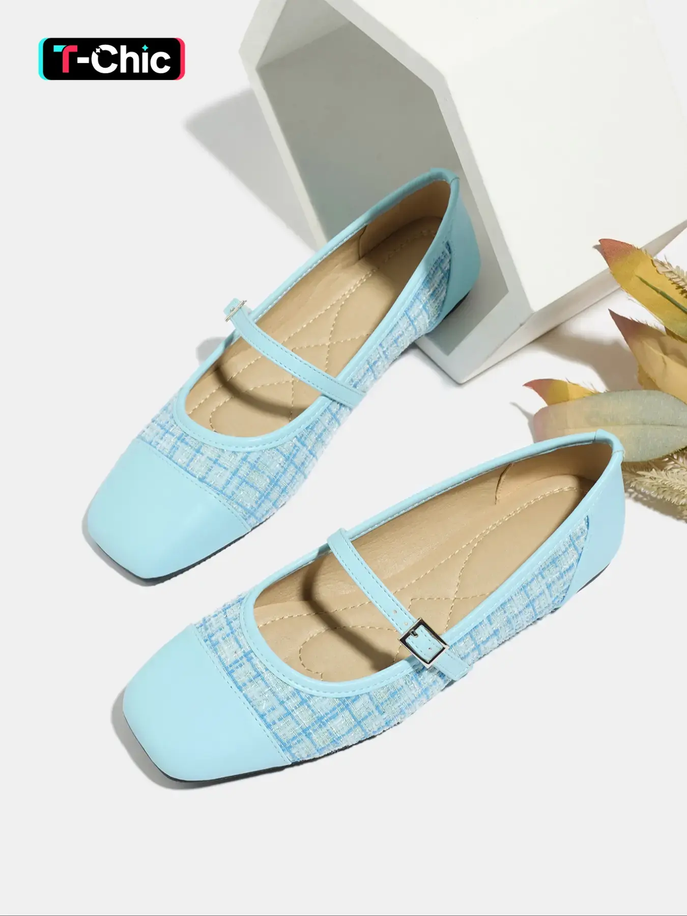 Women's Fashion Single Shoe Fall New Sky Blue Tweed Patchwork Square Toe Flat One Strap Comfortable Outdoor Lightweight Casual Mary Jane Shoes