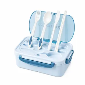 Portable Bento Lunch Box with Utensil Set, Secure-Lock Plastic Container, Divided Meal Prep for Kids Adults, School Office Picnic Travel, Light Blue
