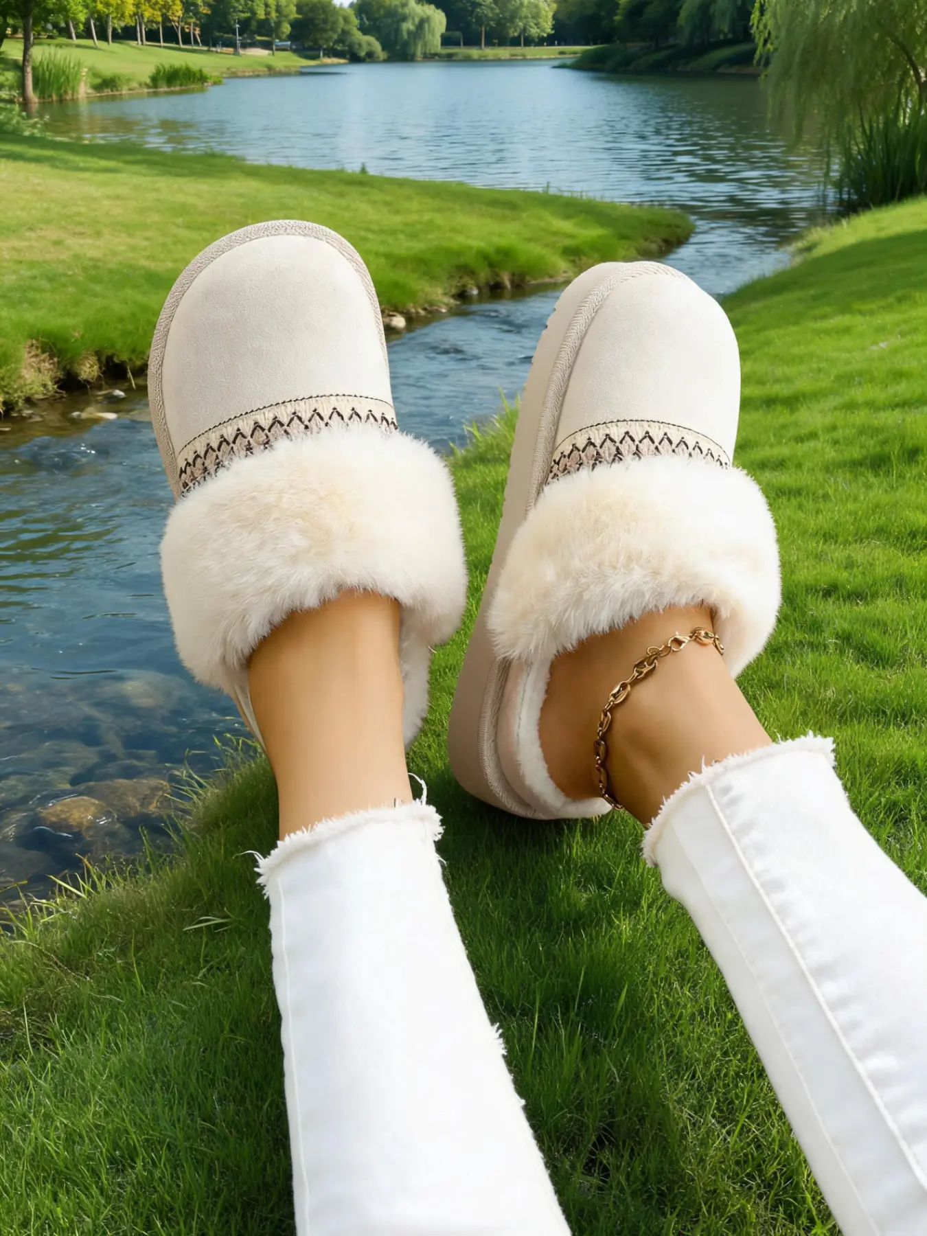 Women's New Plush Slippers, Winter Warm Leatherette Plush Toe Slippers, Vintage Wave Embroidery, Non-Slip Flat Sole, All-Season Casual Footwear, Fluffy House Slippers