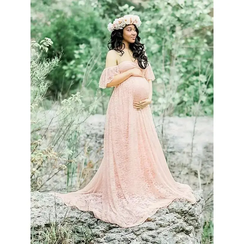 Elegant Off-Shoulder Lace Maternity Dress - White Ball Gown with Contrast Lace Detail, Short Sleeve, Loose Fit, Stretchy Fabric for Pregnant Women, Perfect for All Season Wear