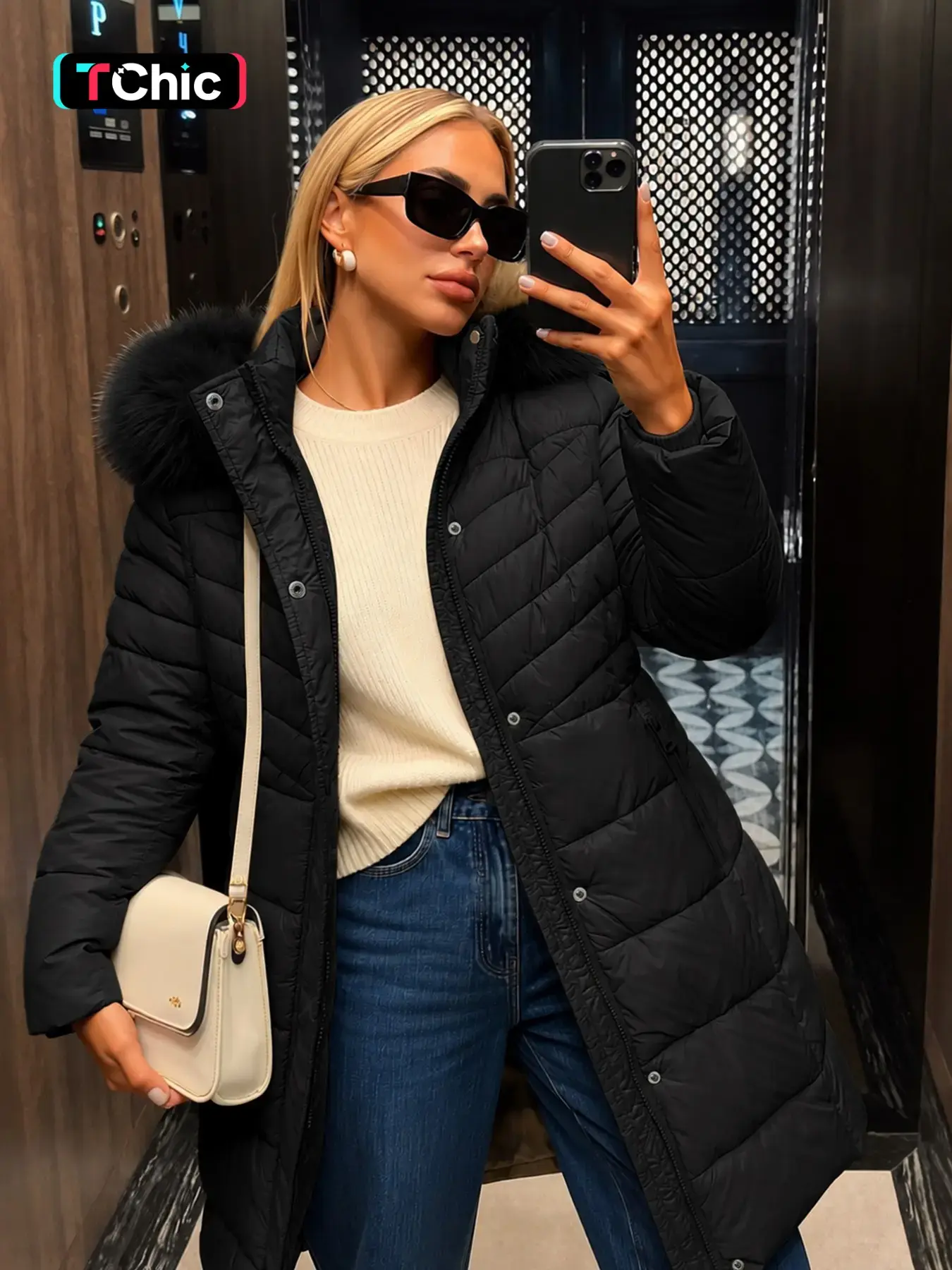 Women's Fall Winter Mid-Length Puffer Coat Jackets, Faux Fur Hood and Collar, Casual Fashion Outerwear with Side Pockets and Zipper Design