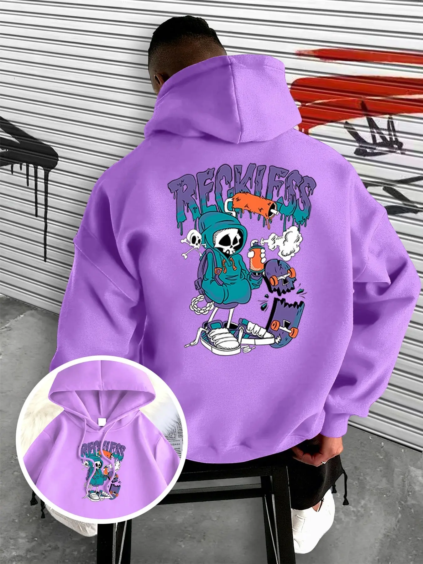 Sporty Hoodie with Skull Design, Long Sleeve Casual Top, Light Drop Shoulder Sweatshirt, All-Season Loose Fit, Casual Hooded Sweatshirts